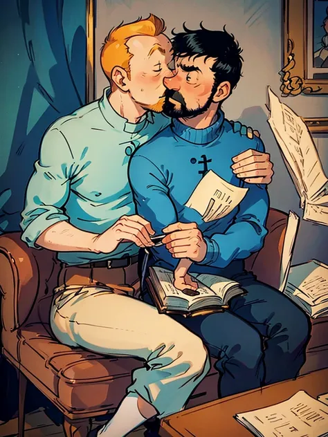 Tintin and Captain Haddock are in the room with the piano.  Haddock sits in a chair with Tintin sitting on his lap and they kiss tenderly.  Both men.  Haddock has black hair.  Everything is in pastel colors.