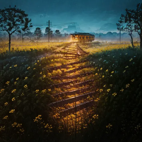 arafed train tracks in the middle of a field of flowers, an album cover by lucia peka, flickr, land art, abandoned railroad, aba...