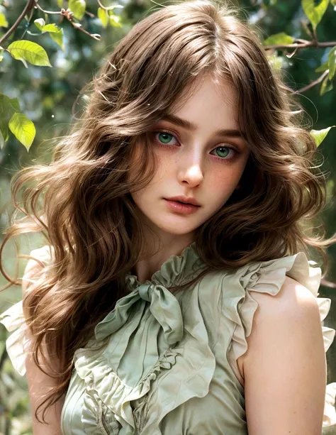 (Close-up of the upper body of a woman wearing a green sleeveless frilly blouse), Surrealistic, realistic and exquisite digital illustration, (Beautiful face_delicate features, clear and pale skin), long brown wavy hair, inspired work,