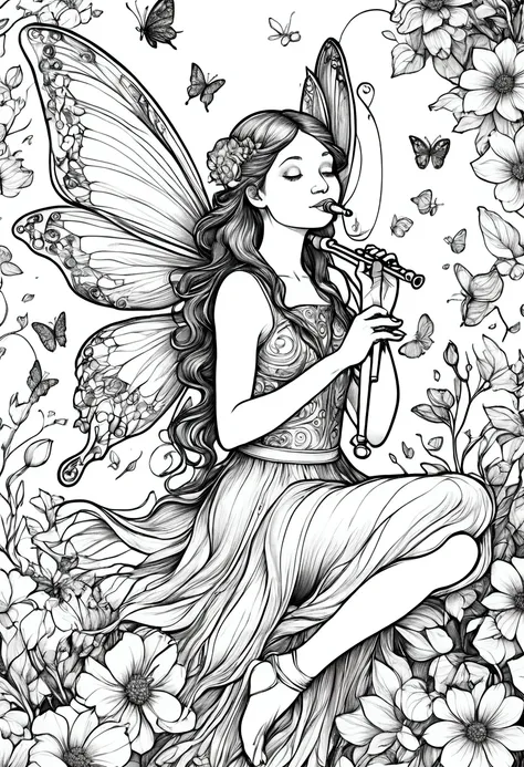 a fairy sitting on a large flower, playing a flute. clean line art, white background, colouring page, clean outline, sketch styl...