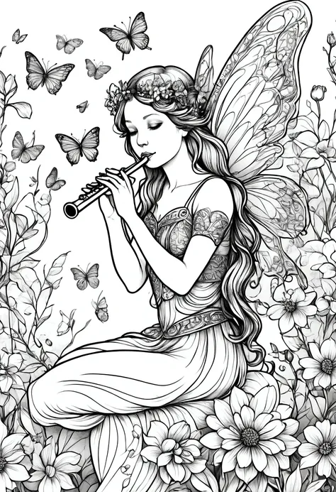 a fairy sitting on a large flower, playing a flute. clean line art, white background, colouring page, clean outline, sketch styl...