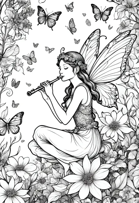 a fairy sitting on a large flower, playing a flute. clean line art, white background, colouring page, clean outline, sketch styl...