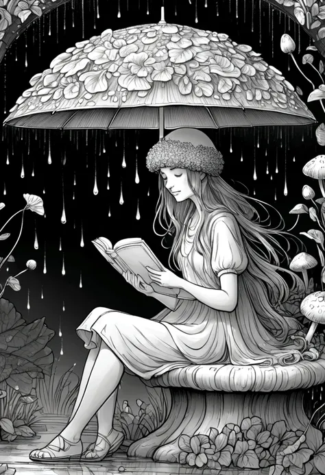 a fairy reading a book under a mushroom umbrella during a light rain, floral frame, decorative panel, abstract ,sketch, characte...