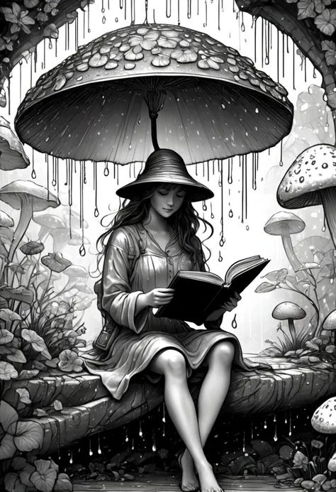 a fairy reading a book under a mushroom umbrella during a light rain, floral frame, decorative panel, abstract ,sketch, characte...