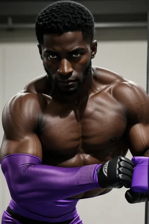 a dark-skinned man with black hair and purple eyes a scar on his right eye with a prosthesis on his forearm in a fighting pose in training clothes and gloves in a ring, anime style 