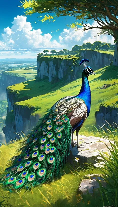 a peacock sitting under a tree near a cliff in a meadow , seeing a vast blue sky with fluffy clouds and brush strokes , tall gra...