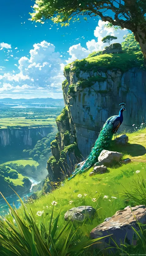 a peacock sitting under a tree near a cliff in a meadow , seeing a vast blue sky with fluffy clouds and brush strokes , tall gra...