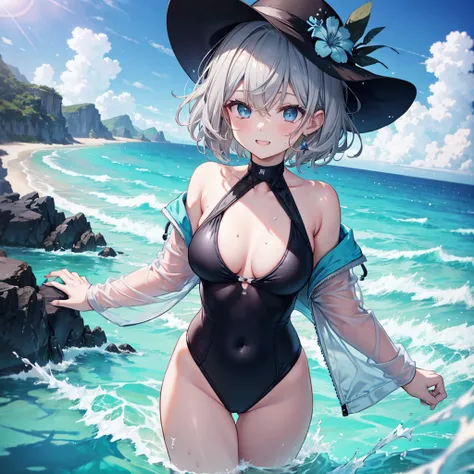 ((((Adult swimwear　Ocean))))　(((Gray Hair　short hair　blue eyes　woman)))，((Splash　sun　cloud))，(Wearing a hat　black　smile)，　Showing teeth　Shining Background　Shining Edges