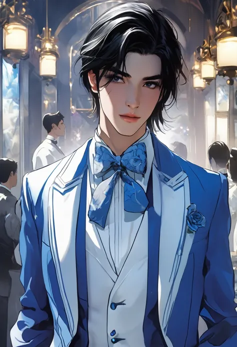 a paranormal order character who is 16 years old with dark hair with blue details and wears a white square waiter style suit