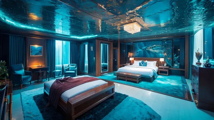 ８ｋ、room、bed、Like a luxury hotel、Open World，seabed，amazing colors，Draw the underwater world，Fluctuations in fresh water，Fluctuating bubbles in water，Very wide angle shot，Fantastic artistic expression，
Curved、Realistic fish、