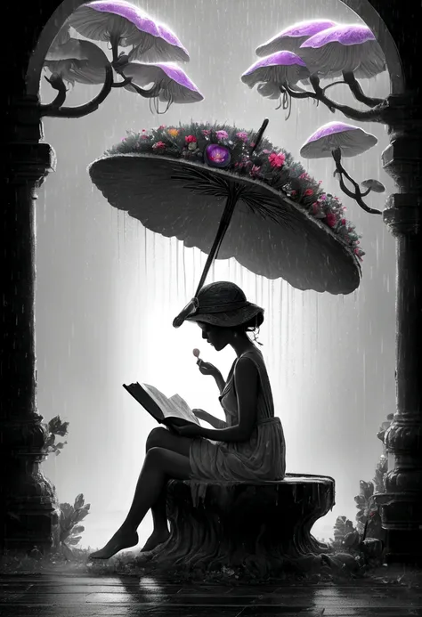 A fairy reading a book under a mushroom umbrella during a light rain, floral frame, decorative panel, abstract ,sketch, character lines and scenes without colors and shadows. (Masterpiece, Best Quality, Highres:1.4), Detailed, Intricate Details, 4K, color ...