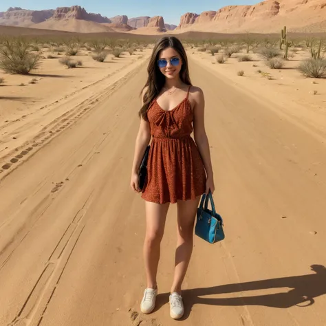 a girl, 28 years old, ((best quality)), ((detailed)),(masterpiece), (American), ((blue eyes)) long hair, freckles, red lips, slightly smiling, standing, sunglasses on her face, wearing a colorful short dress, small handbag in one hand,  ((desert carpet roa...