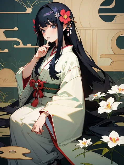 Highest quality)), ((masterpiece)), (detailed), One girl, Anime illustration、Japan girls、Long hair / black hair、Flower pattern hair ornament、It&#39;s summer、The scenery is a town with goldfish scooping、Wearing a yukata、