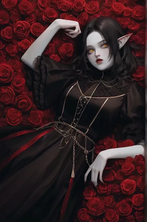 ((Лучшее качество)), ((шедевр)), (подробный), elf, vampire, black medium hair, gothic clothes, gothic, yellow eyes, blank stare, tall, medium hair, short bangs, pale skin, gothic style, blood, background of many bloody roses, lies in roses, bloody backgrou...