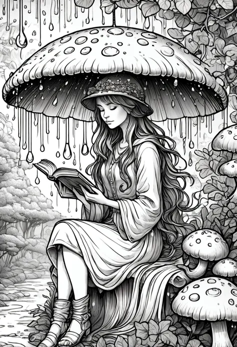 a fairy reading a book under a mushroom umbrella during a light rain, clean line art, white background, colouring page, clean ou...