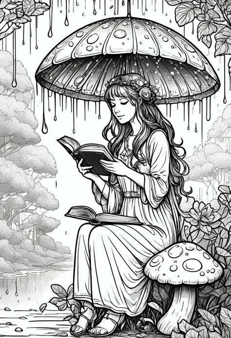 a fairy reading a book under a mushroom umbrella during a light rain, clean line art, white background, colouring page, clean ou...