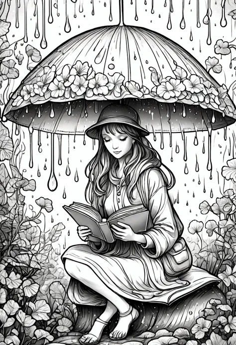 a fairy reading a book under a mushroom umbrella during a light rain, clean line art, white background, colouring page, clean ou...