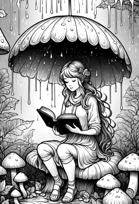 a fairy reading a book under a mushroom umbrella during a light rain, clean line art, white background, colouring page, clean ou...