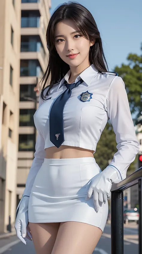 (masterpiece,Highest quality, detailed), One girl, alone, Outdoor, street, Cowboy Shot, Spread your legs, Dutch Angle, Hands on hips, Grin, View your viewers,
tsujimoto natsumi, Police uniform, Blue tie, White shirt, Cowboy Shot, Long sleeve, White gloves,...