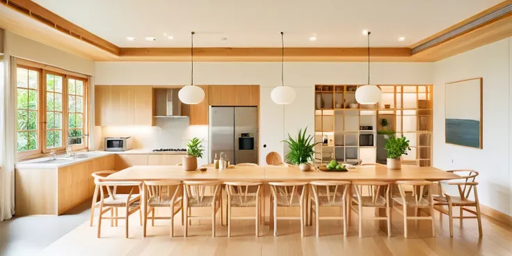 A high-resolution, horizontally framed shot of a minimalist Muji style kitchen combined with a dining area. The space features clean lines and a neutral color palette with whites, beiges, and natural wood tones. The kitchen area has sleek wooden cabinetry ...