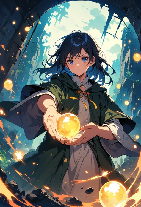 young wizard，A ball of light floats in your hand，shiny,  In the ruins