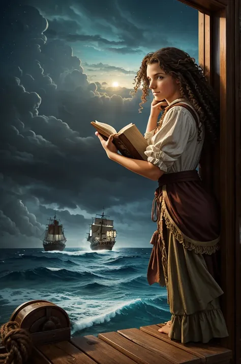 Pirate woman with curly brown hair looking out to sea as a book falls into the sea in a ship storm at night 