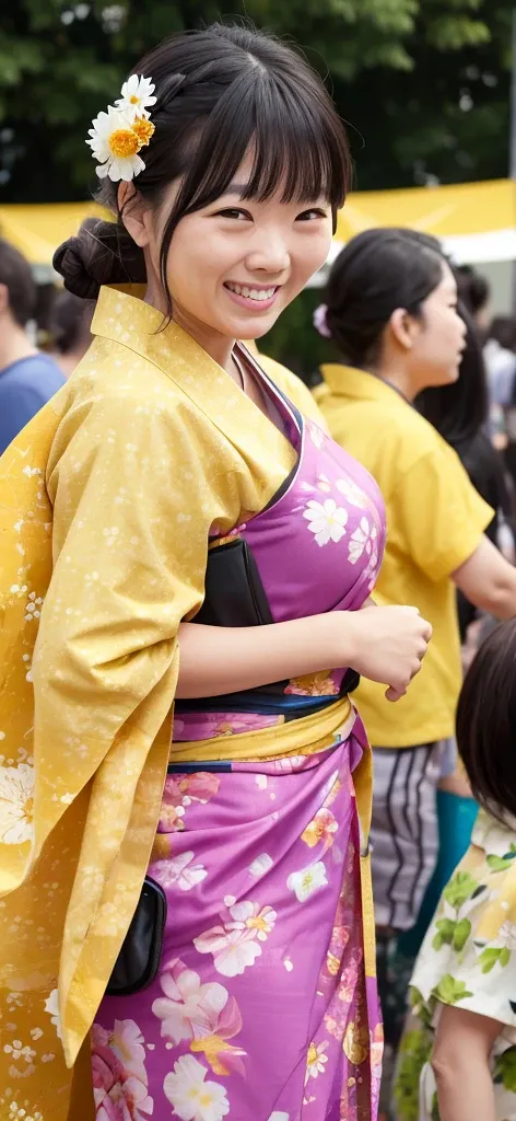 A woman wearing a yellow floral yukata having fun at a summer festival in the evening