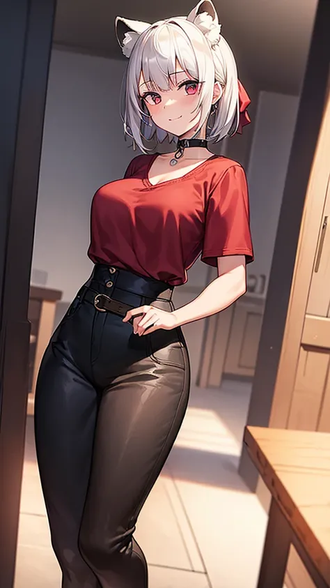 (work of art, best qualityer), 2d, 1 girl, medium sized breast, details Intricate, White hair, shorth hair, eyes black, gazing at viewer, Black raccoon ears, raccoon tail, trunk, hair ribbon, hand on own face, Red shirt, black pants, cowboy shot, black tri...