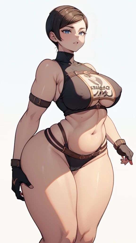 (masterpiece), best quality, female warrior, huge girl, female muscular:1.2, ((very short hair:1.6)), blonde hair, big breast, (curvy:1.8), (((blank background))), ((full body)), fingerless gloves, sandals, sleeveless, covered nipples, (underboobs:1.3), ts...