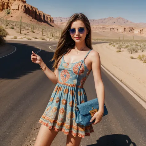 a girl, 28 years old, ((best quality)), ((detailed)),(masterpiece), (American), ((blue eyes)) long hair, freckles, red lips, slightly smiling, standing, sunglasses on her face, wearing a colorful short dress, small handbag in one hand,  ((desert carpet roa...