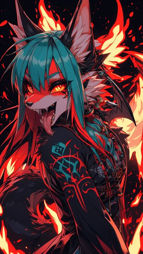 miku hatsune, add high definition_detail:1, blue fur,kitsune ears, tribal tattoo add_detail, diabolic girl, batwigns add_detail ...