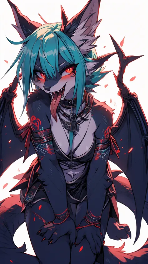 Miku Hatsune, add high definition_detail:1, blue fur,kitsune ears, tribal tattoo add_detail, diabolic girl, batwigns add_detail Ferocious fangs, sharp fangs, Demon yokai kitsune, long snake tongue add_detail:1