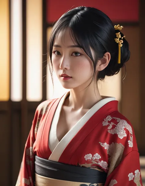 a beautiful japanese girl, middle long black tidy hair, hairpin, detailed tattoo on bare back, solemn expression, traditional red kimono with yellow stripe, dramatic lighting, photorealistic, ultra-detailed, realistic, vivid colors, concept art, best quali...