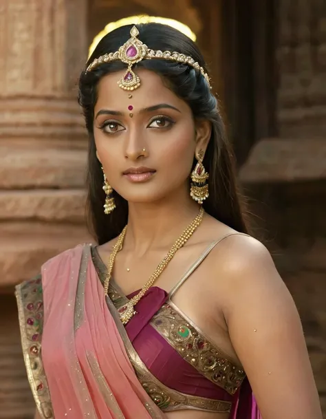 anusha in a traditional sari outfit, sharandula, actress, of indian princess, still from a fantasy movie, adorned with precious stones, traditional beauty, pretty face!!, ashoka tano, beautiful female princess, intricate ornamented tiara, peredvishniki, ae...