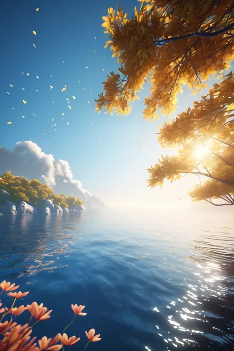 a stunning, award-winning, highly detailed 8k CG unity wallpaper, photorealistic, with the best quality, masterful lighting, natural scene, blue ocean, delicate leaves, colorful petals floating in the air, ray-traced