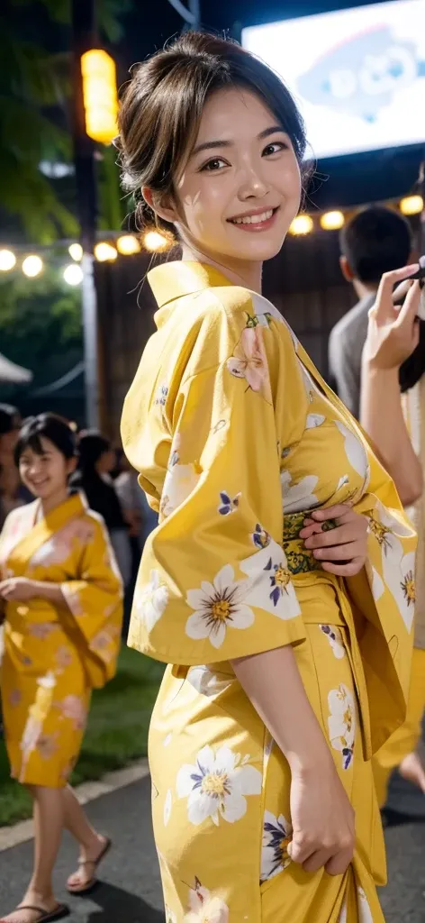 A woman wearing a yellow floral yukata having fun at a summer festival in the evening