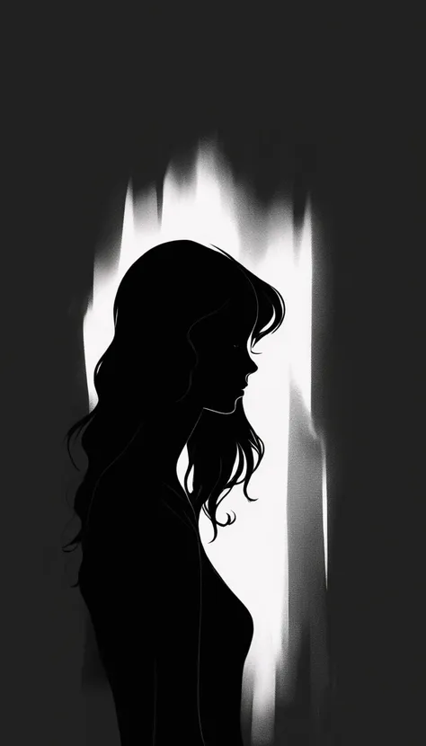 black silhouette of a woman who is sad, depressed and hurt. manga style, digital art, by Marshall Arisman, cover illustration, 70mm, 7 0 mm, 70 mm, book cover illustration, by Brigette Barrager, album cover, novel cover art for a book, art concept for a bo...