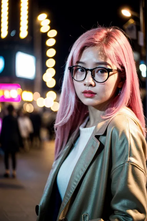 (Cinematic Aesthetic:1.4) Photo of a beautiful korean fashion model bokeh city night with glasses pink hair japan