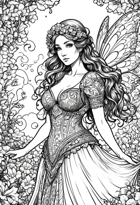 a fairy with gigantic breast in a ornamental outfit posing in a garden, wearing an ornate outfit, wearing ornate clothing, clean...