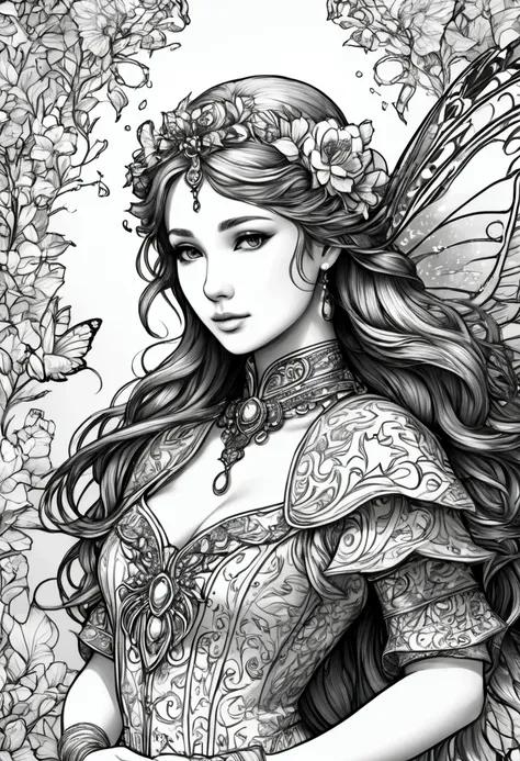 a fairy with gigantic breast in a ornamental outfit posing in a garden, wearing an ornate outfit, wearing ornate clothing, clean...