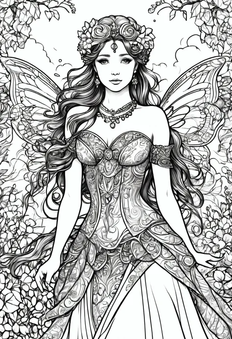 a fairy with gigantic breast in a ornamental outfit posing in a garden, wearing an ornate outfit, wearing ornate clothing, clean...