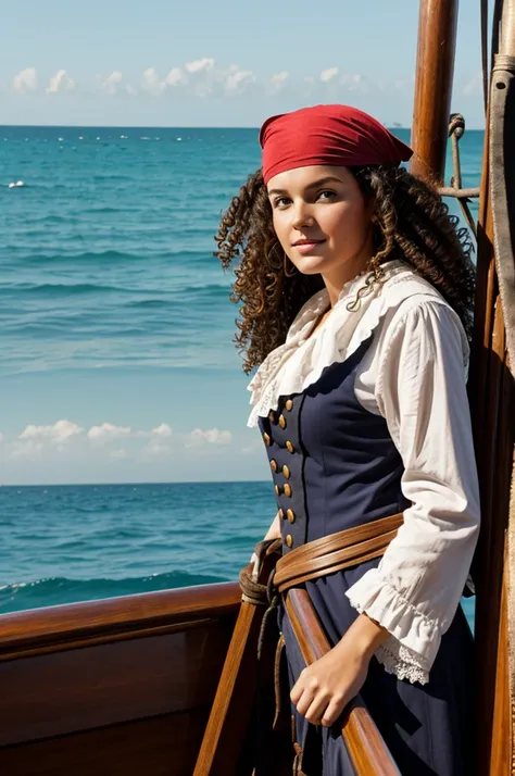 Pirate woman with curly brown hair writing in a book on a boat looking at the sea 