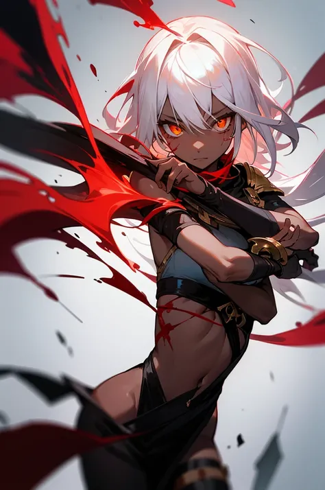 Black skin, golden eyes, white hair, Nomad with a Black and Red Tunic, 1girl, absurd res, blood magic
