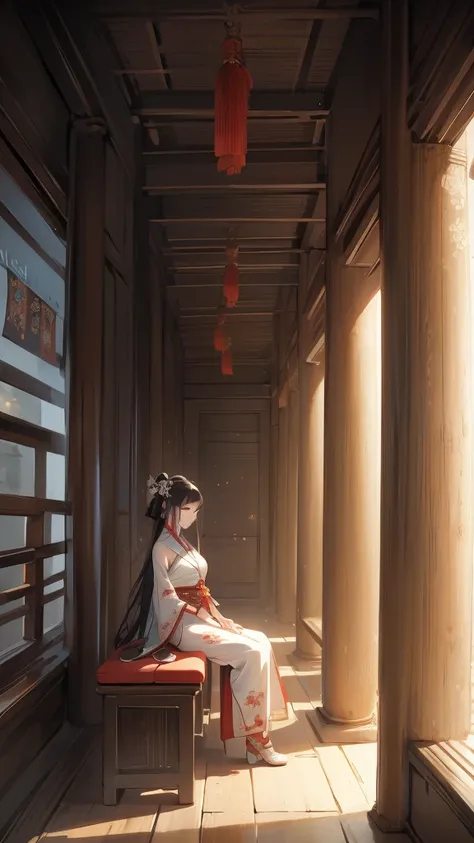 A woman sits on a bench in the room, palace ， Girl wearing Hanfu, Gu Weiss, Popular on cgstation, artwork in the style of Gu Weiss, Gu Weiss masterpiece, Beautiful character painting, Wearing Chinese clothes, Elegant posture, Gu Weiss on artstation pixiv, ...