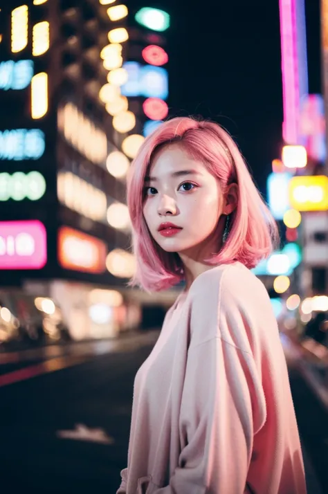 (Cinematic Aesthetic:1.4) Photo of a beautiful korean fashion model bokeh city night pink hair