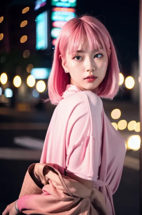 (Cinematic Aesthetic:1.4) Photo of a beautiful korean fashion model bokeh city night pink hair