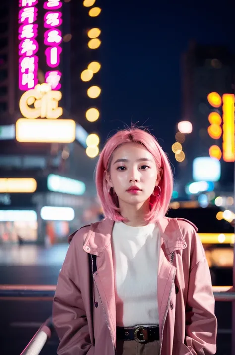 (Cinematic Aesthetic:1.4) Photo of a beautiful korean fashion model bokeh city night pink hair