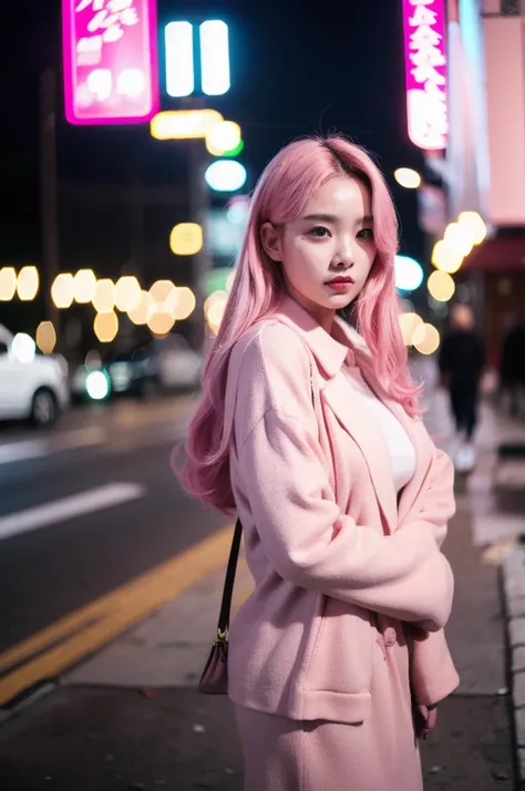 (Cinematic Aesthetic:1.4) Photo of a beautiful korean fashion model bokeh city night pink hair