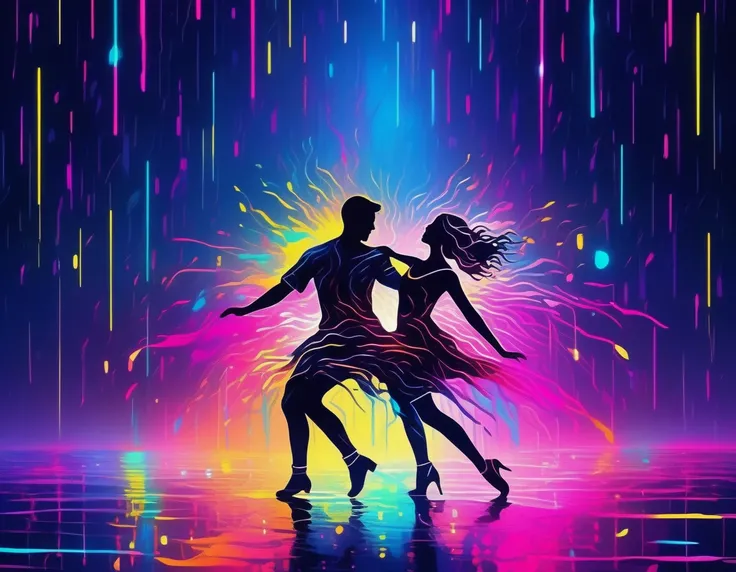 ((Masterpiece)), ((Best Quality)), (Very Detailed), ((Very Detailed)), 4K, (8K), very aesthetic, absurdres highres,A scene in which a pair of dancers dance in the pouring rain in an abstract background. Neon-colored silhouettes are illuminated by lines of ...