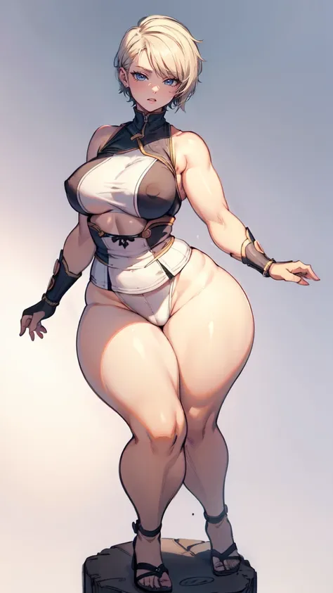 (masterpiece), best quality, female warrior, huge girl, female muscular:1.2, ((very short hair:1.6)), blonde hair, big breast, (curvy:1.8), (((blank background))), ((full body)), fingerless gloves, sandals, sleeveless, covered nipples, (underboobs:1.3), ts...